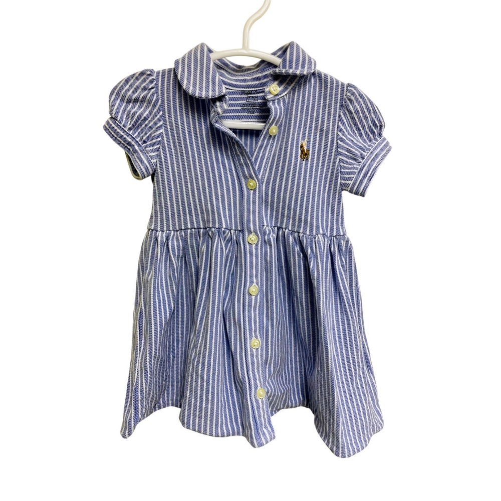 Ralph Lauren Striped Knit Oxford Shirtdress Puff Sleeve Baby Girl 6M Preppy